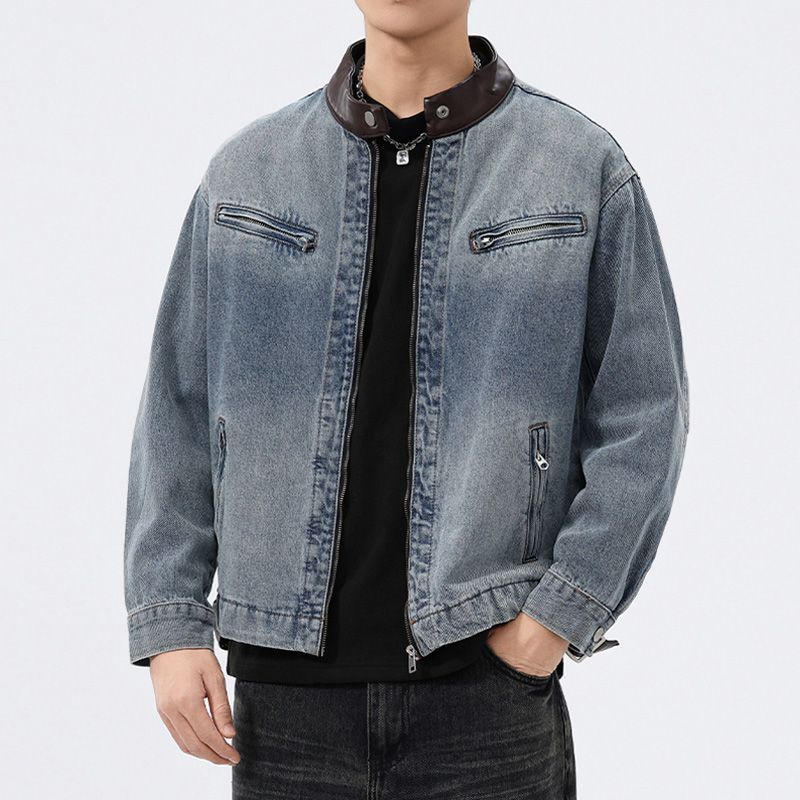 Leather Motorcycle Jacket Biker - 스탠드 가죽 칼라 데님 재킷 남성