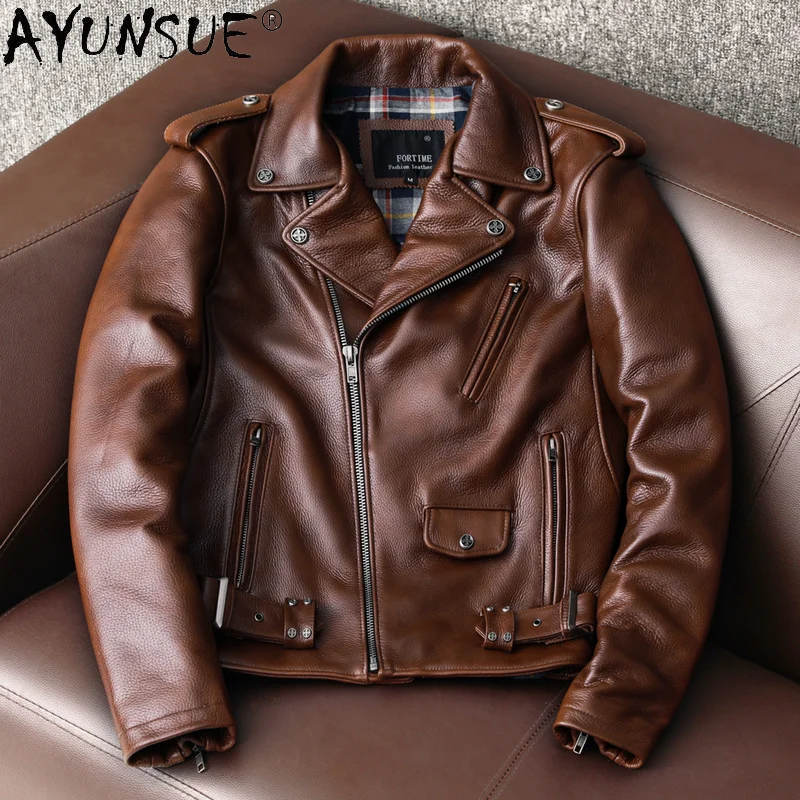 Leather Motorcycle Jacket Biker - AYUNSUE 정품 암소 가죽 자켓 남성
