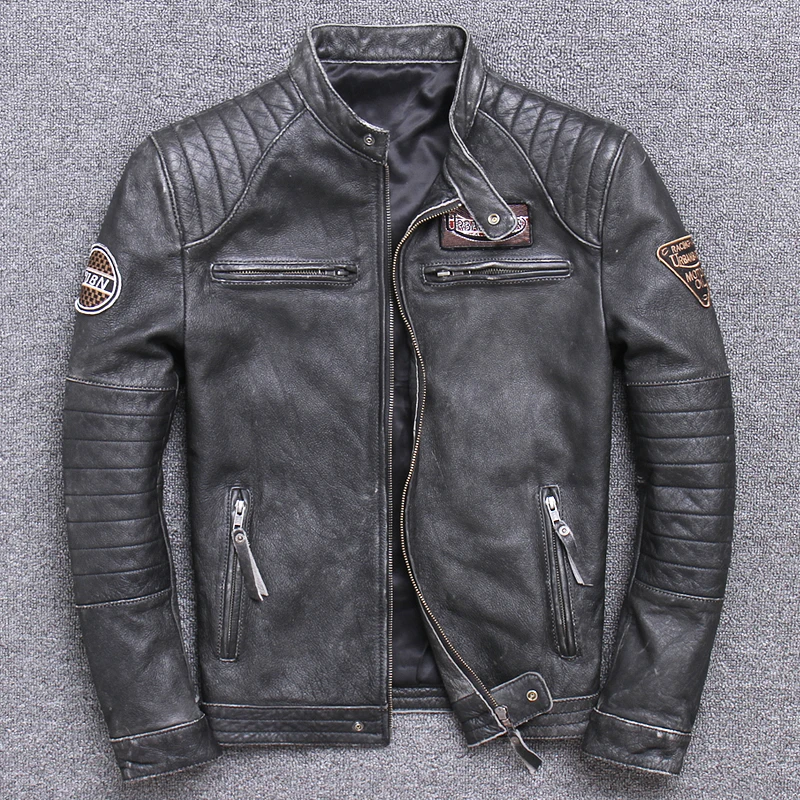 빈티지 남성용 천연 가죽 바이커 재킷, 슬림 100%  - Leather Motorcycle Jacket Biker 리뷰 및 가격