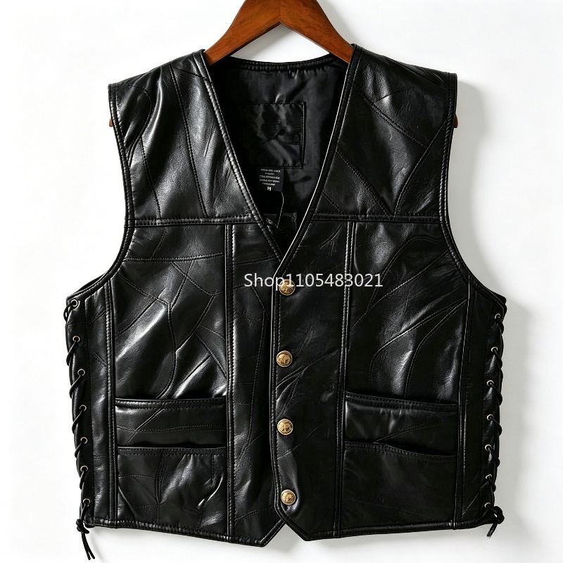 남성용 블랙 패치워크 가죽 바이커 조끼, 버튼업 슬리브 - Leather Motorcycle Jacket Biker 리뷰 및 가격