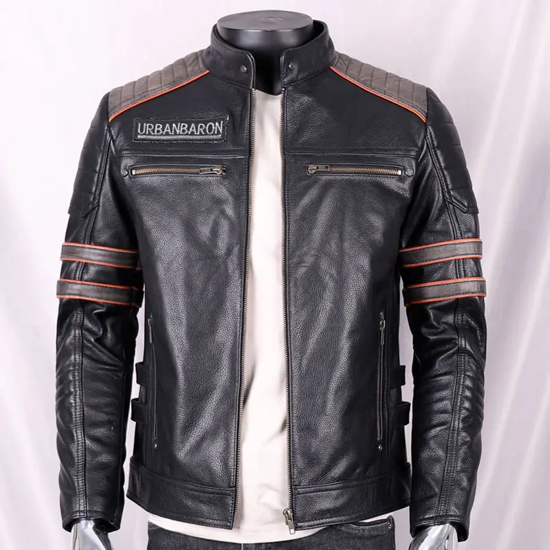 남성용 천연 가죽 재킷, 짧은 스탠딩 칼라, 해골 자수 - Leather Motorcycle Jacket Biker 리뷰 및 가격