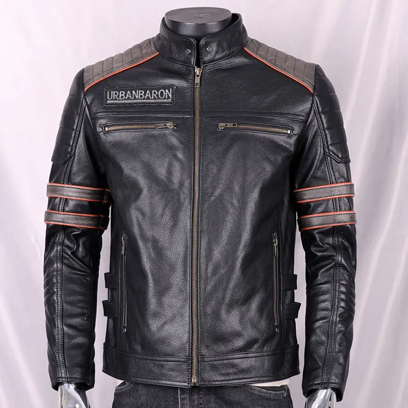 남성용 천연 가죽 재킷, 짧은 스탠딩 칼라, 해골 자수 - Leather Motorcycle Jacket Biker 리뷰 및 가격