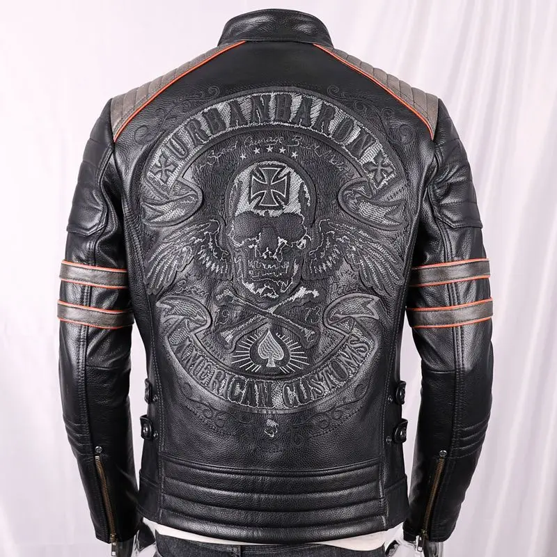 남성용 천연 가죽 재킷, 짧은 스탠딩 칼라, 해골 자수 - Leather Motorcycle Jacket Biker 리뷰 및 가격