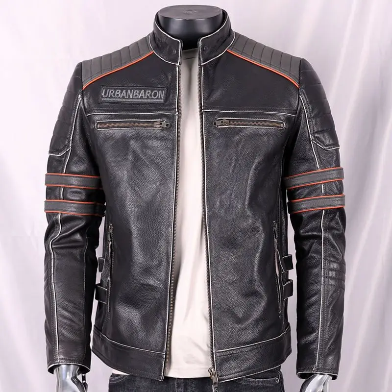 남성용 천연 가죽 재킷, 짧은 스탠딩 칼라, 해골 자수 - Leather Motorcycle Jacket Biker 리뷰 및 가격